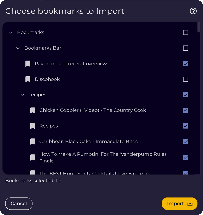 Select bookmarks to import